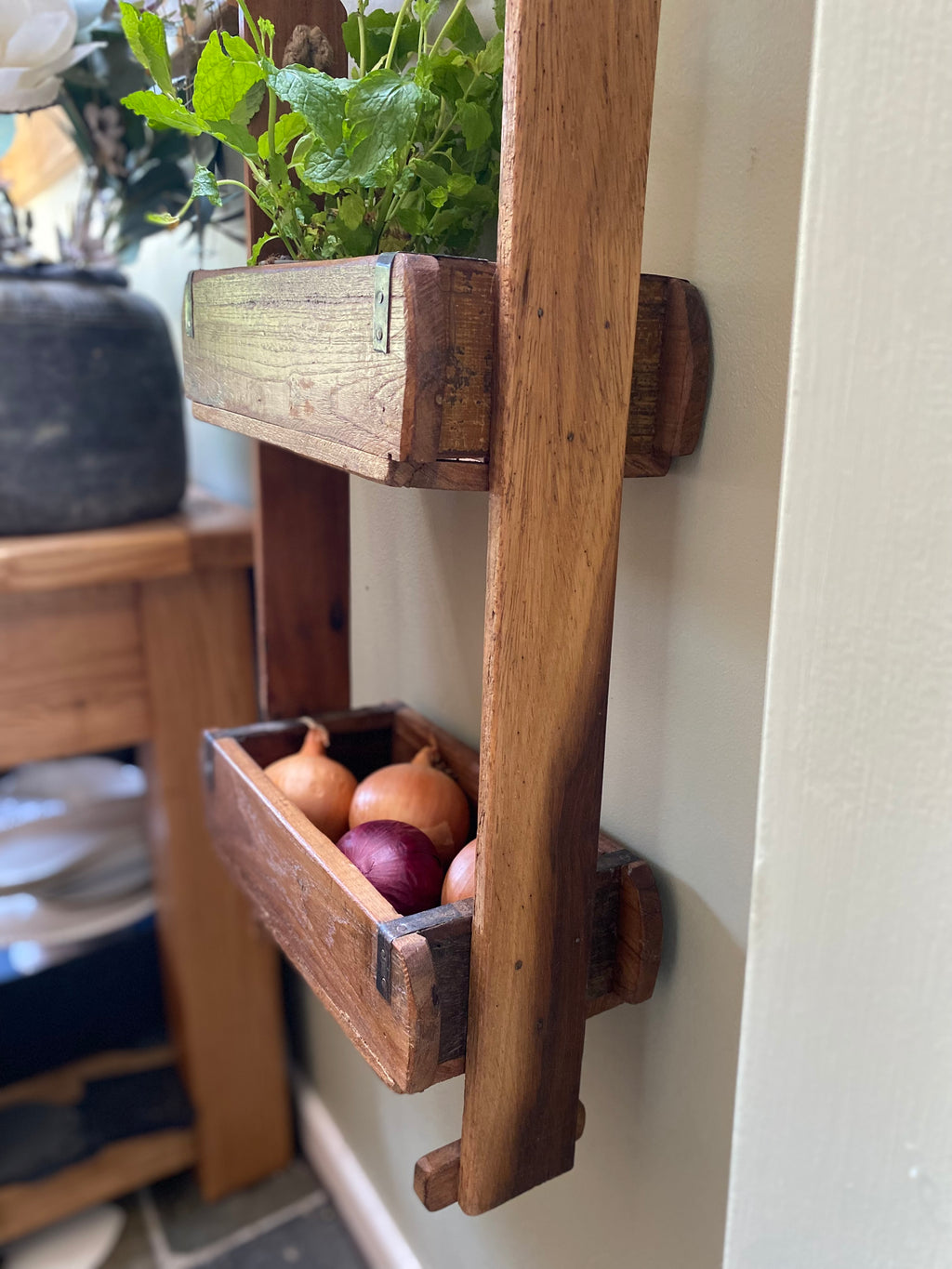 Wooden wall-mounted planter with herbs and a drawer containing onions in a kitchen setting.