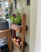 Wooden wall-mounted herb planter with herbs and onions in a home setting